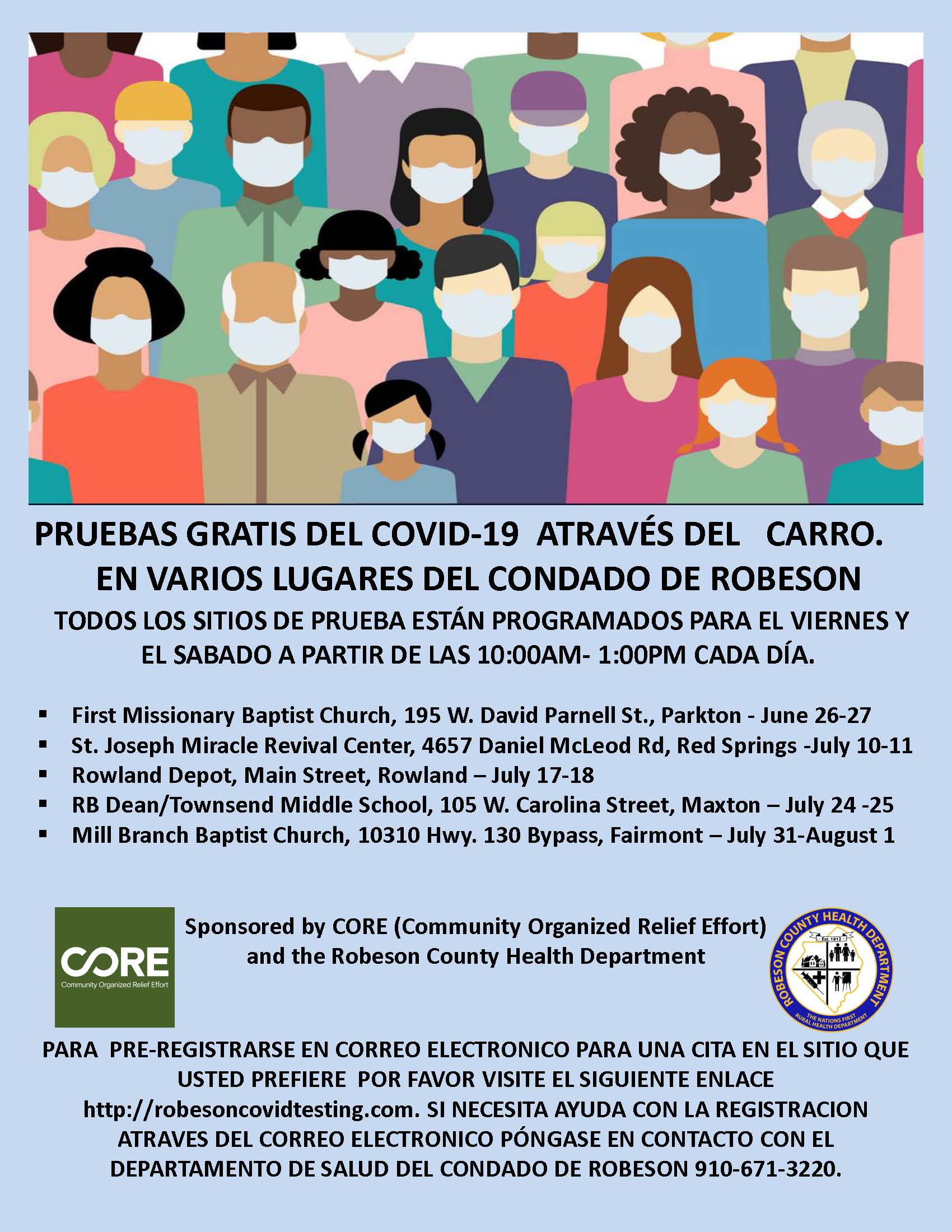 COVID 19 DRIVE THUR TESTING ALL LOCATIIONS ROBESON CO. Flyer spanish